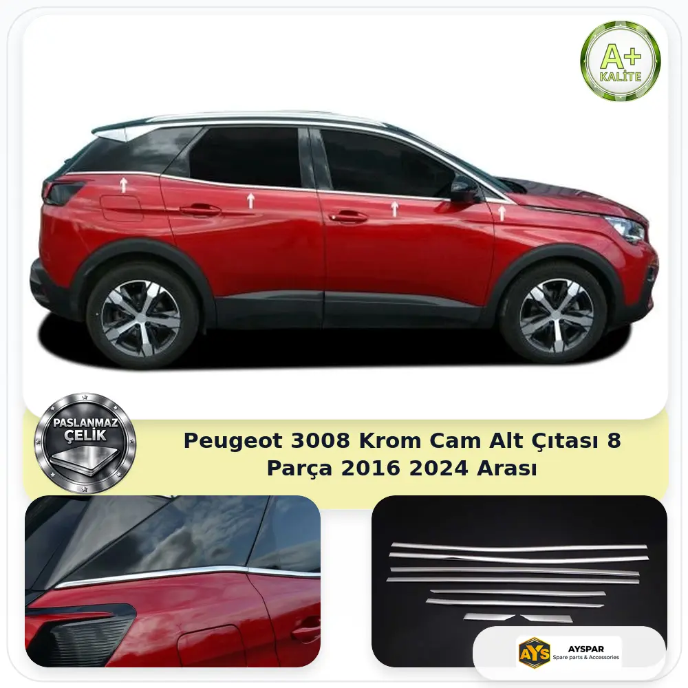 Peugeot 3008 Krom Cam Alt Çıtası 8 Parça 2016-2024 Arası